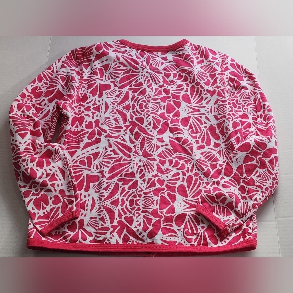 Three Hearts Cardigan L Pink/wht floral Artsy snap up Cottage Romantic Love - Picture 4 of 4